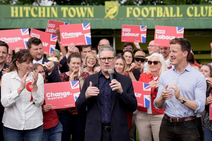 Labour leader Keir Starmer gives a speech during a visit to Hitchin, in Hertfordshire, England, while on the election campaign trail on Monday.