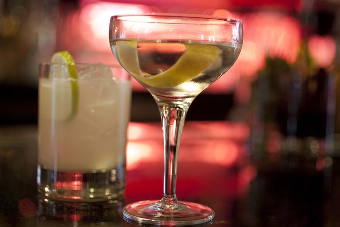 An agave Margarita and gin Martini made by mixologist Jacques Bezuidenhout sit on a bar in the Starlight Room of the Sir Francis Drake Hotel in San Francisco, Dec. 20, 2012.
