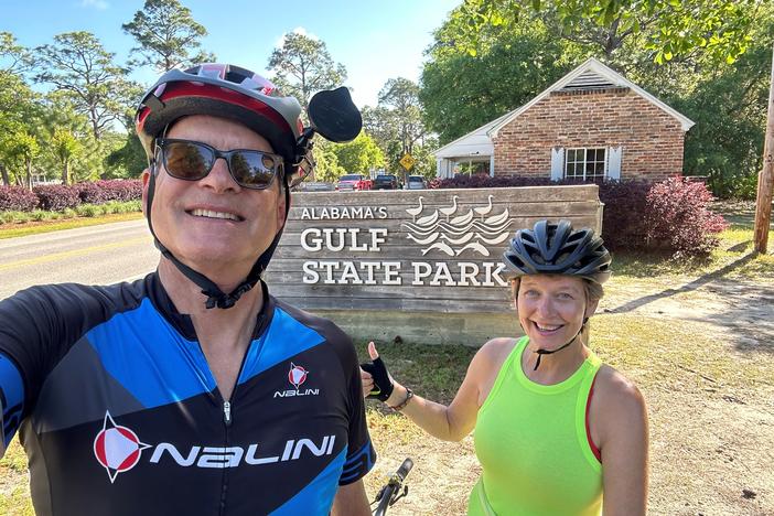 On his long bike ride from St. Augustine, Fla., to New Orleans, John Burnett was often joined by his wife Margaret Justus, who pedaled part of the route and drove a support vehicle the rest of the way.