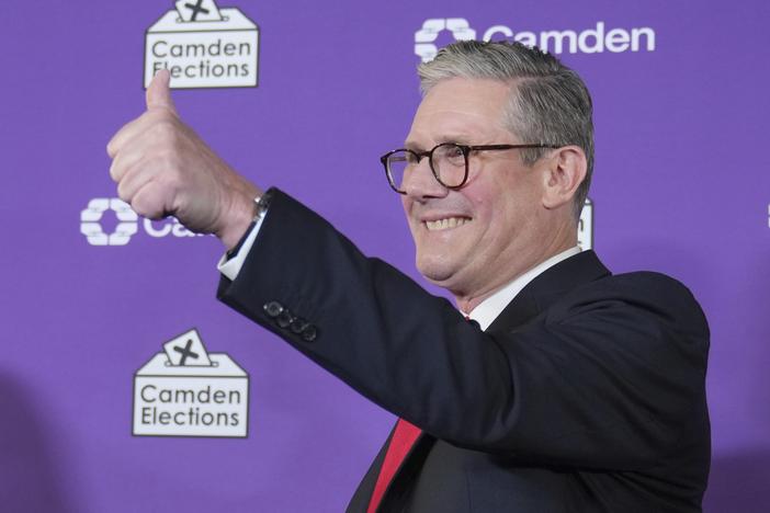 Britain's Labour Party leader Keir Starmer gives a thumbs up to his supporters after he was elected for the Holborn and St Pancras constituency in London on Friday.