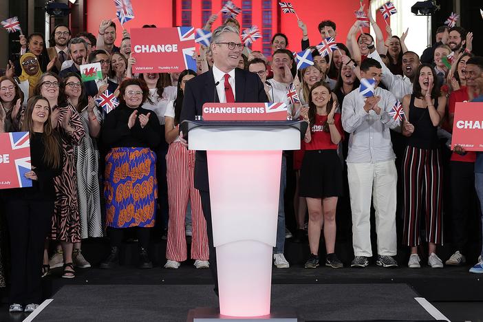 Labour Leader Keir Starmer celebrates winning the 2024 general election with a speech at Tate Modern in London on Friday.