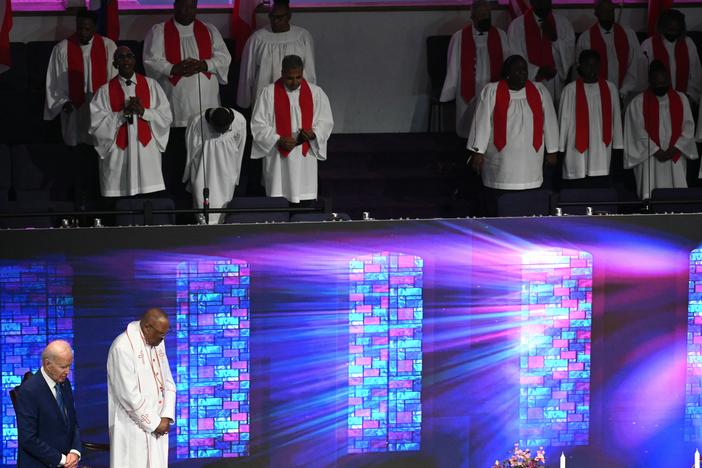 President Biden attends Mount Airy Church of God in Christ in Philadelphia on July 7 as he campaigns to salvage his reelection bid. Senior Democrats are meeting to talk about the race.