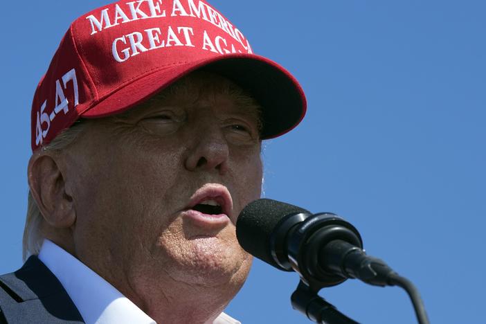 Republican presidential candidate former President Donald Trump speaks at a campaign rally in Chesapeake, Va., on June 28.