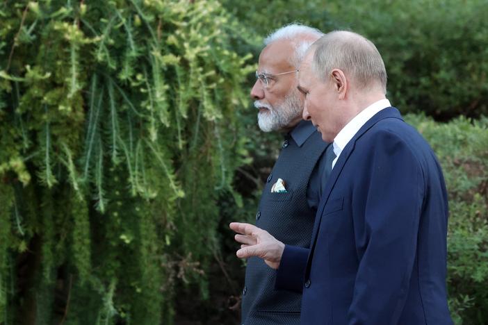 Russian President Vladimir Putin and Indian Prime Minister Narendra Modi take a walk during an informal meeting at the Novo-Ogaryovo state residence, outside Moscow, on July 8.