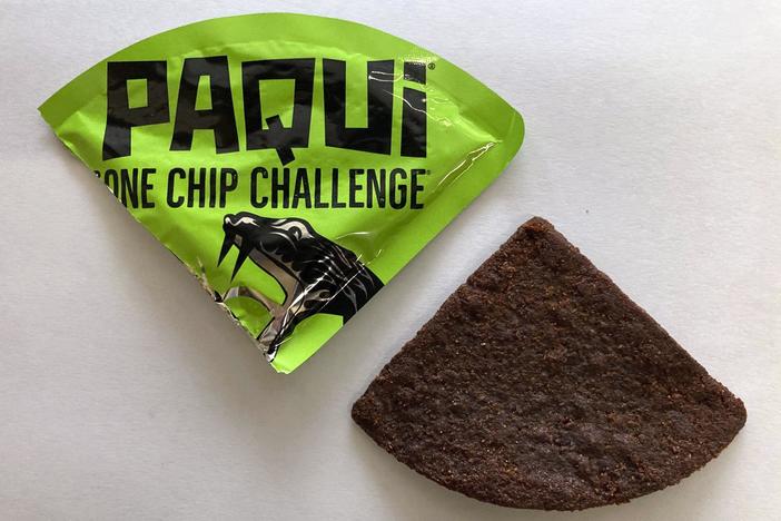 A Paqui One Chip Challenge chip is displayed in Boston on Sept. 8, 2023.
