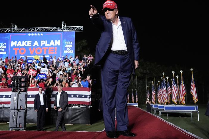 Republican presidential candidate former President Donald Trump gestures after speaking at a campaign rally at Trump National Doral Miami on Tuesday.