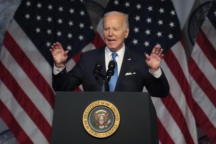 President Joe Biden appears at the NAACP Detroit branch Fight for Freedom Fund dinner in Detroit on Sunday, May 19.