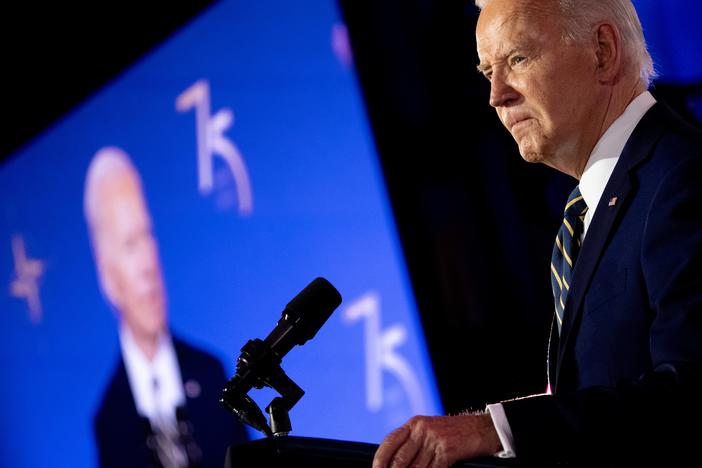 President Joe Biden pauses while speaking during a NATO 75th anniversary celebratory event at the Andrew Mellon Auditorium on July 9 in Washington, D.C. NATO leaders convene in Washington this week for its annual summit to discuss their future strategies and commitments, and marking the 75th anniversary of the alliance's founding. 