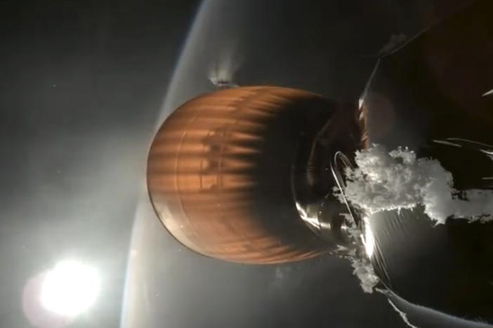 This image from video provided by SpaceX shows the upper stage engine of a SpaceX Falcon 9 rocket, which blasted off from California on Thursday.