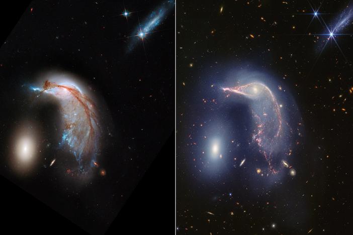 Two interacting galaxies, dubbed the Penguin and the Egg, are seen in more clarity and detail than ever, after NASA released a new image (right) from the James Webb Space Telescope. An older image from the Hubble Space Telescope is seen at left.