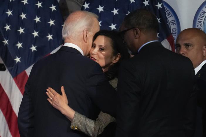 President Biden hugs Democratic Gov. Gretchen Whitmer at the NAACP Detroit branch Fight for Freedom Fund dinner in Detroit on May 19, 2024.