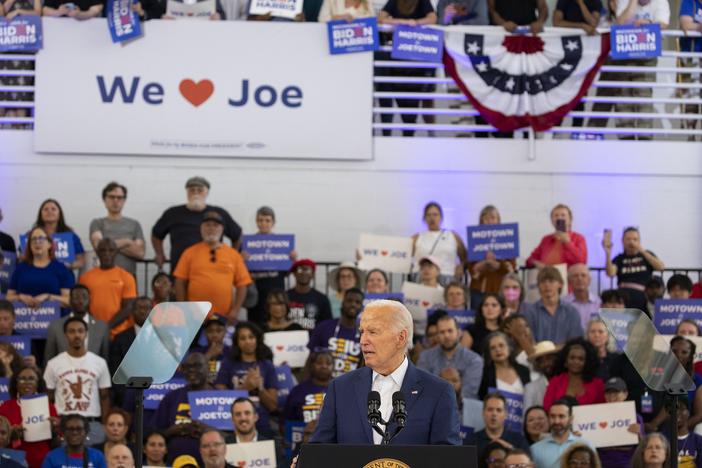 President Biden speaks to supporters at Renaissance High School on Friday in Detroit.