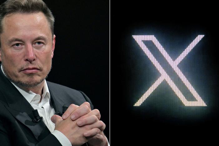 Elon Musk says he will fight charges of violating Europe's Digital Services Act. Musk during a visit at the Vivatech technology startups and innovation fair in Paris, on June 16, 2023 and (R) the new Twitter logo rebranded as X, pictured on a screen in Paris on July 24, 2023.