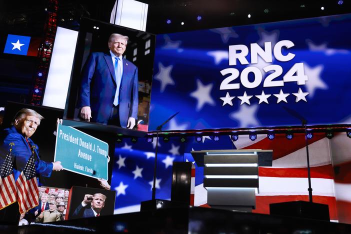 The stage is seen in the Fiserv Forum on the day before the Republican National Convention (RNC) on Sunday in Milwaukee. The RNC will be held in Wisconsin from July 15-18.