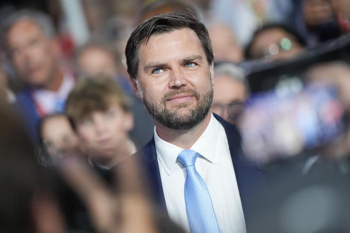 Trump's pick for vice president, Sen. J.D. Vance, R-Ohio, arrives on the first day of the Republican National Convention at the Fiserv Forum on July 15 in Milwaukee.