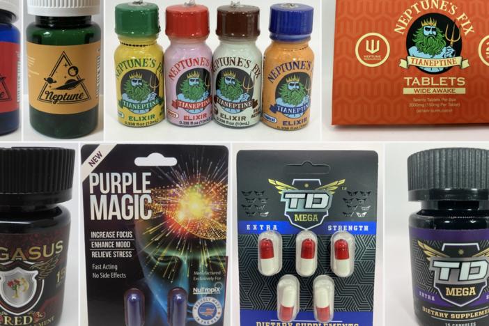 An image released by the FDA shows bottles containing tianeptine and other compounds. Authorities have urged gas station store owners and others not to sell the products, with names like Neptune's  Fix, Za Za and Tianaa, citing serious health risks.