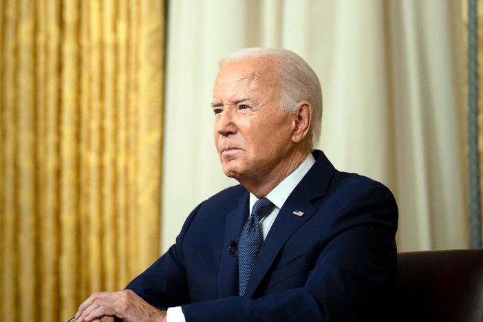  President Joe Biden addresses the nation from the Oval Office of the White House in Washington, Sunday, July 14, 2024, about the assassination attempt of Republican presidential candidate former President Donald Trump at a campaign rally in Pennsylvania. 