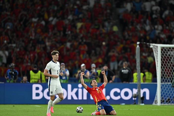 Mikel Oyarzabal of Spain celebrates as Spain wins the UEFA European Championship final match against England at Olympiastadion in Berlin on Sunday.