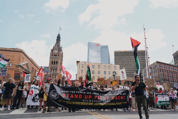 Protesters with March on the RNC gather for a demonstration during the first day of the 2024 Republican National Convention in Milwaukee on Monday.