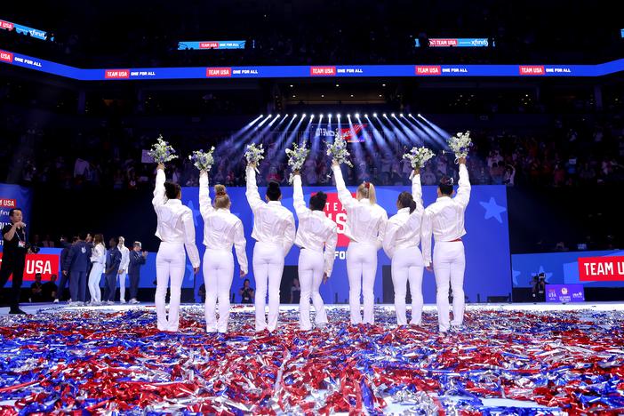 From left, Hezly Rivera, Joscelyn Roberson, Suni Lee, Simone Biles, Jade Carey, Jordan Chiles and Leanne Wong pose after being selected for the 2024 U.S. Olympic Women's Gymnastics Team on Day Four of the 2024 U.S. Olympic Team Gymnastics Trials in Minneapolis.