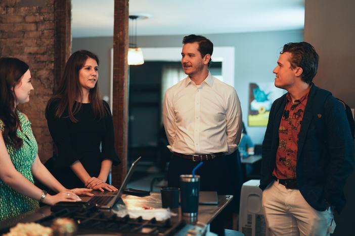 Left to right: Danielle Butcher Franz, Karly Matthews, Stephen Perkins and Benji Backer talking about plans for the second day of the Republican National Convention in Milwaukee, Wisconsin.