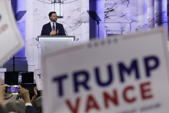 Republican vice presidential candidate, U.S. Sen. J.D. Vance, speaks on stage  on the third day of the Republican National Convention in Milwaukee.