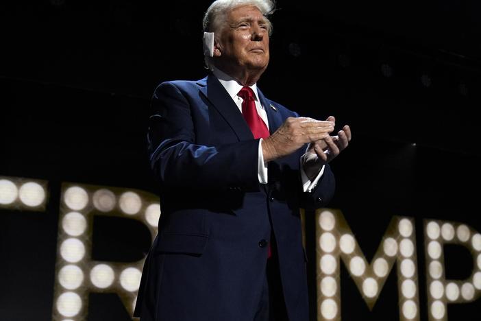 Republican presidential candidate Donald Trump is introduced during the final night of the Republican National Convention.
