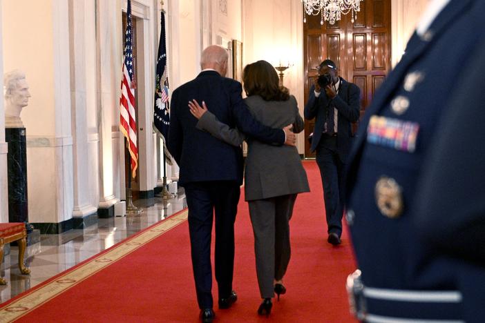 Vice President Harris and President Biden depart the East Room after delivering remarks on artificial intelligence at the White House on Oct. 30, 2023.