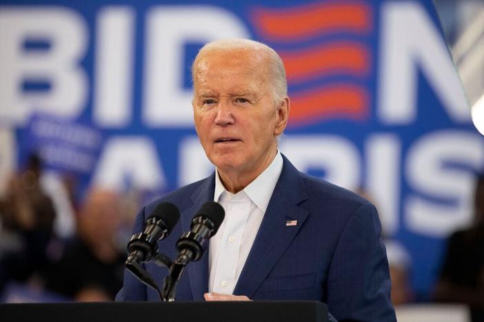 President Biden is seen speaking to supporters at a campaign event at Renaissance High School on July 12 in Detroit. On Sunday, Biden said he would no longer seek reelection and instead is endorsing Vice President Harris.
