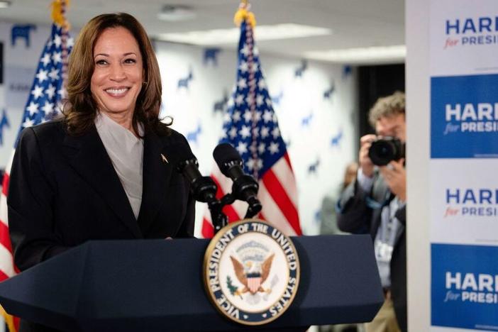 Vice President Kamala Harris speaks at her campaign headquarters in Wilmington, Del., on Monday.