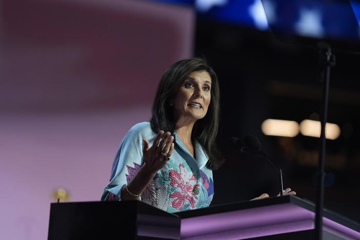 Former U.N. Ambassador Nikki Haley speaks during the second day of the Republican National Convention, July 16, in Milwaukee. Haley strongly endorsed Trump in her speech.