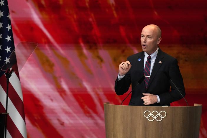 Utah Gov. Spencer Cox speaks about Salt Lake City's bid to host the 2034 Winter Olympics, during the 142nd IOC session at the 2024 Summer Olympics on Wednesday in Paris, France.