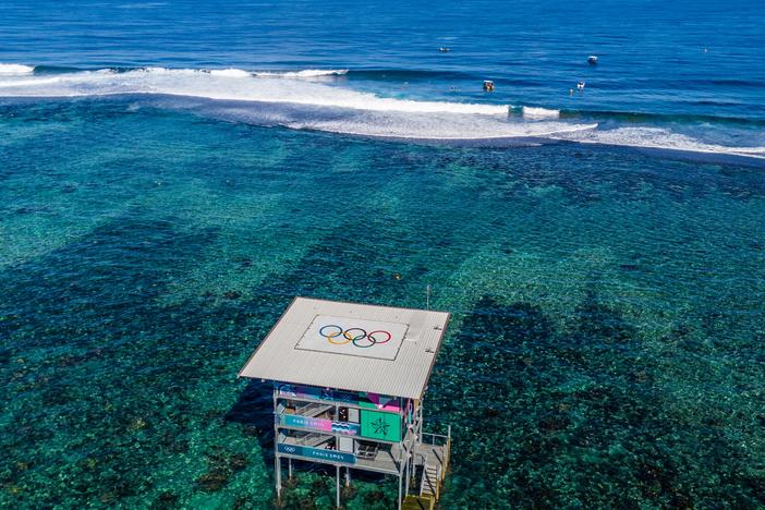 The tower for judges and field of play are pictured during a surfing training session in Teahupo'o earlier this month.