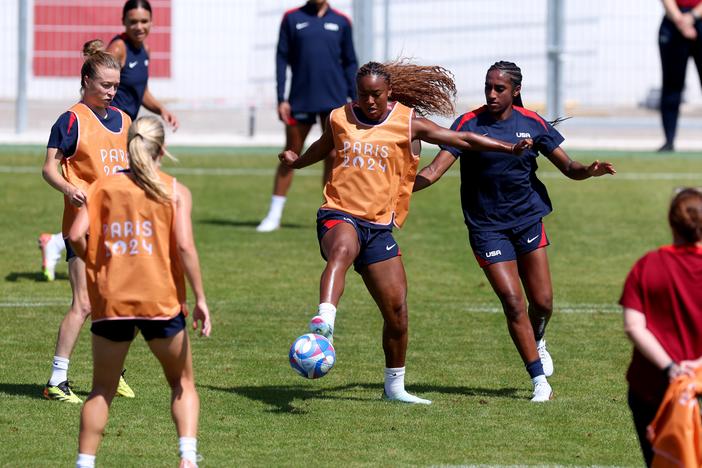 Jaedyn Shaw of Team USA controls the ball during a soccer training session Wednesday at Francis Turcan Stadium near Marseille, France.