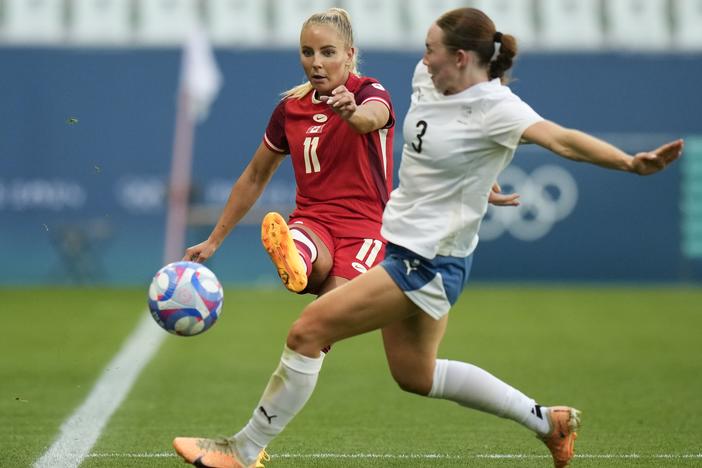 Canada's Adriana Leon, left, and New Zealand's Mackenzie Barry fight for the ball during the women's group match between Canada and New Zealand the 2024 Summer Olympics in Saint-Etienne, France on Thursday.