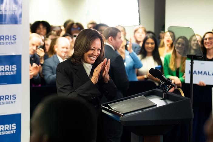 Vice President Harris gets ready to speak to campaign staff at her campaign headquarters in Wilmington, Del., on Monday. Harris won the crucial backing of Democratic heavyweight Nancy Pelosi to lead the party against former President Donald Trump in November after President Biden's stunning exit from the 2024 race. As the endorsements stacked up, the 59-year-old Harris made her first public appearance since Biden's announcement in a ceremony at the White House, where she warmly praised the outgoing preside…