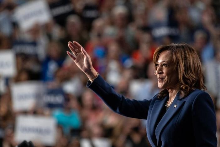 Vice President Harris speaks to supporters during a campaign rally at West Allis Central High School on Tuesday in West Allis, Wis.