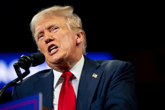 Republican presidential nominee Donald Trump speaks during his campaign rally in Charlotte Wednesday. The rally is the former president's first since President Biden announced he would be ending his reelection bid.