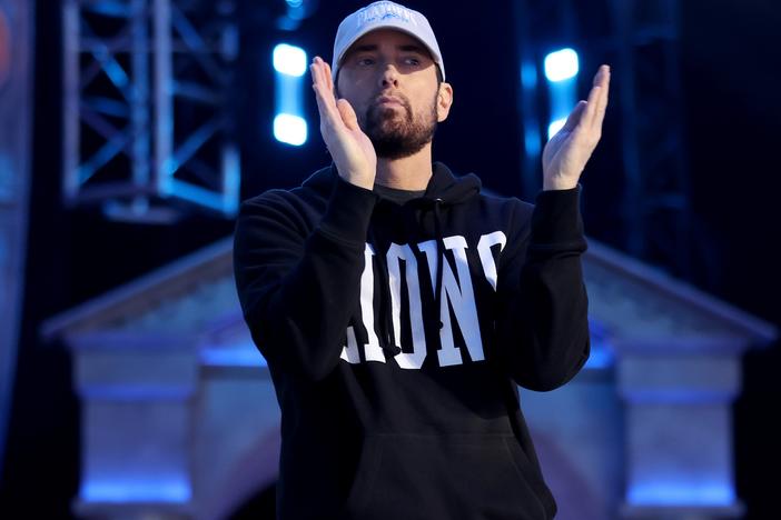 Eminem on stage during the 2024 NFL Draft in April in Detroit, Mich.