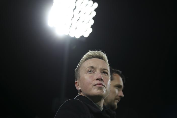 Canada's head coach Bev Priestman is pictured during a Women's World Cup match between Canada and Ireland in Perth, Australia, in July 2023.