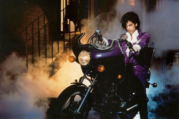  Prince on the custom motorcycle featured in <em>Purple Rain.</em>