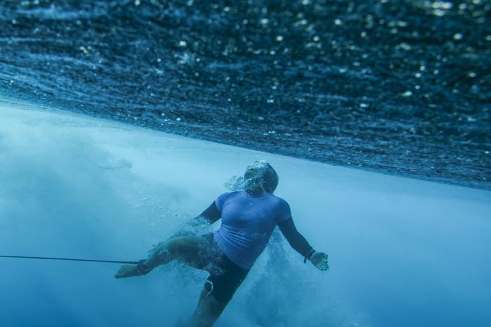 Yolanda Hopkins, of Portugal, wipes out during the second round of the 2024 Summer Olympics surfing competition Sunday.