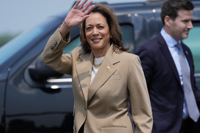 Vice President and Democratic presidential candidate Kamala Harris arrives at Westfield-Barnes Regional Airport in Westfield, Massachusetts, on Saturday.