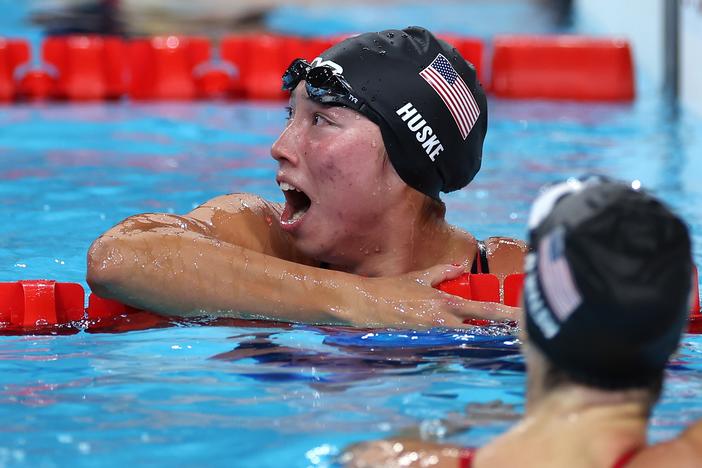 Torri Huske of Team USA reacts after winning gold in the women’s 100-meter butterfly final on Sunday at the Olympic Games in Paris. 