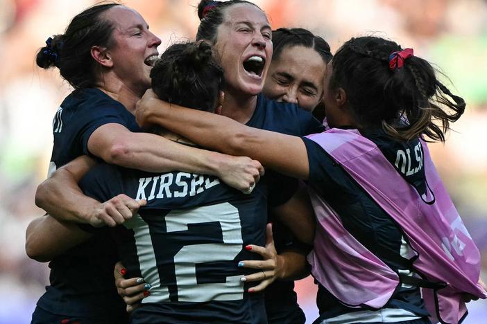 U.S. players react after the women's bronze medal rugby sevens match between USA and Australia during the Paris 2024 Olympic Games at the Stade de France in Saint-Denis on Tuesday.