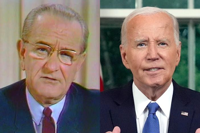  Left: President Lyndon B. Johnson announcing he will not seek or accept the nomination for re-election and orders a halt to the bombing of North Vietnam, March 31, 1968. Image is a screen grab. Right: US President Joe Biden delivers a prime-time address to the nation in the Oval Office of the White House in Washington, DC, US, on Wednesday, July 24, 2024. 