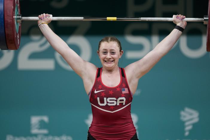 Olivia Reeves of the United States lifts in the women's 81kg weightlifting event at the Pan American Games in Santiago, Chile, on Oct. 23, 2023.