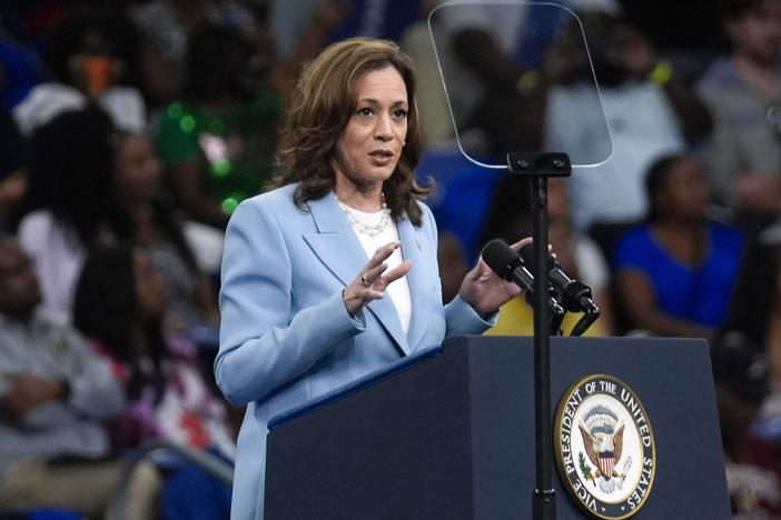 Vice President Harris speaks during a campaign rally in Atlanta on July 30, 2024.