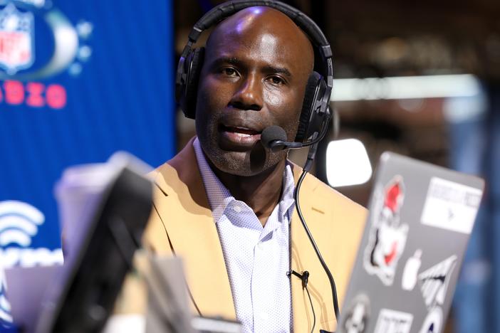 Former NFL player Terrell Davis said United Airlines banned him from future flights following an incident onboard earlier this month. Here, Davis delivers his speech during induction ceremonies at the Pro Football Hall of Fame on Saturday, Aug. 5, 2017, in Canton, Ohio.