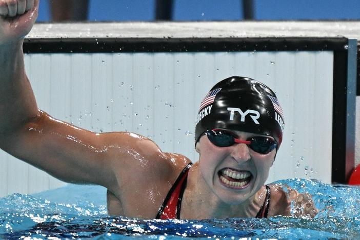 Katie Ledecky of Team USA celebrates after winning Wednesday's final of the women's 1,500m freestyle swimming event during the Paris 2024 Olympic Games. It was her eighth Olympic gold medal.